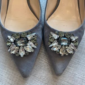 Ann Mashhurn rhinestone embellished block heel shoe, gray suede